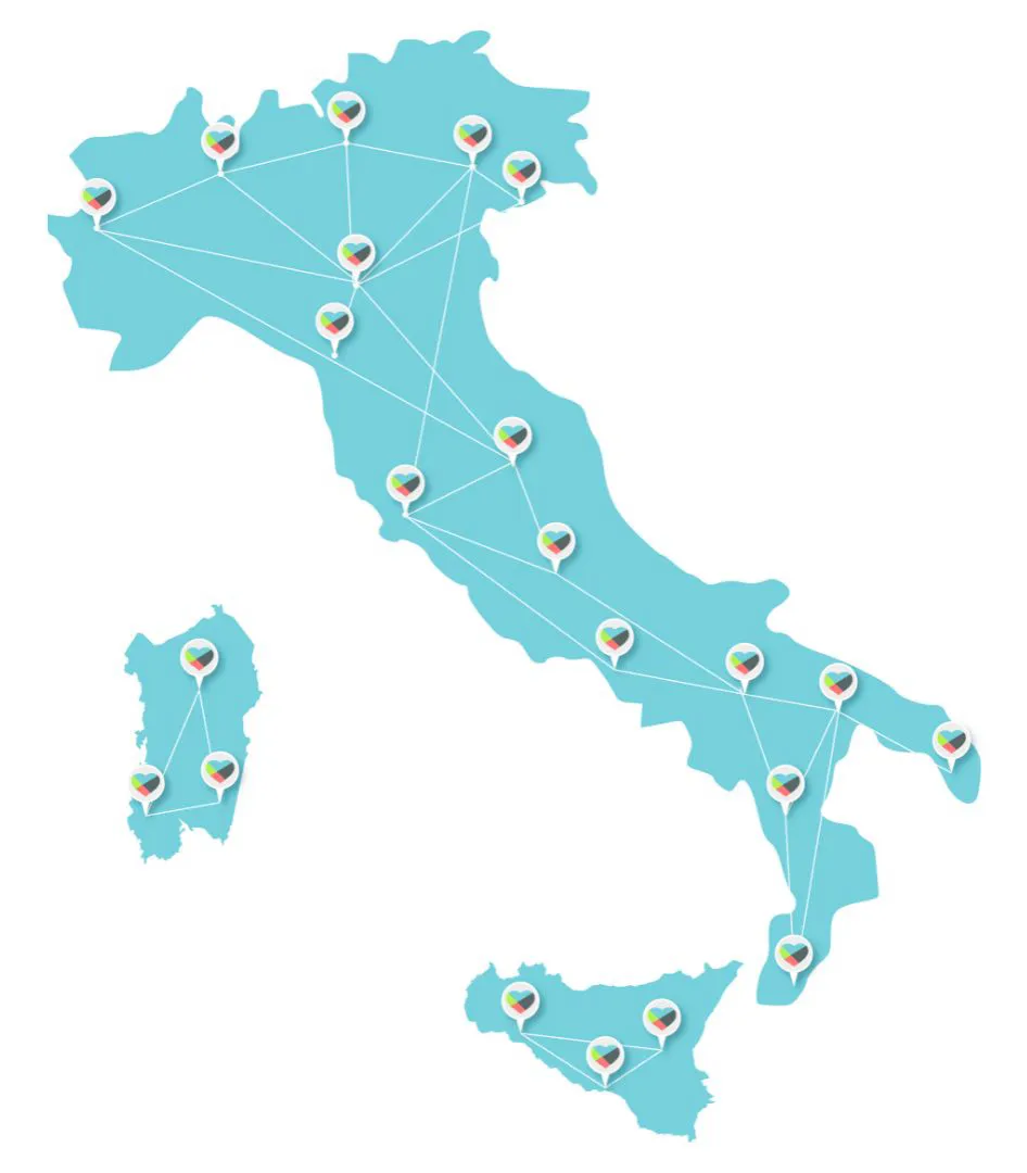 Mappa dell’Italia con i luoghi della rete Kid Pass collegati tra loro