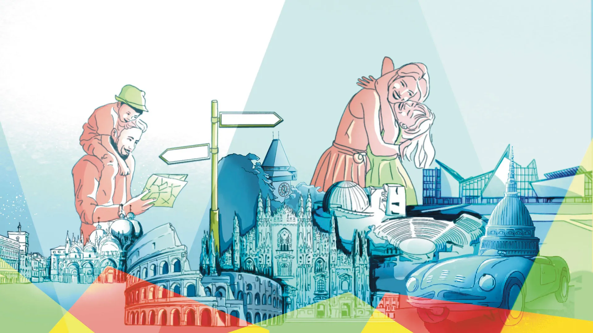 Illustrazione del Kid Pass Tour Iconico con i monumenti delle città italiane